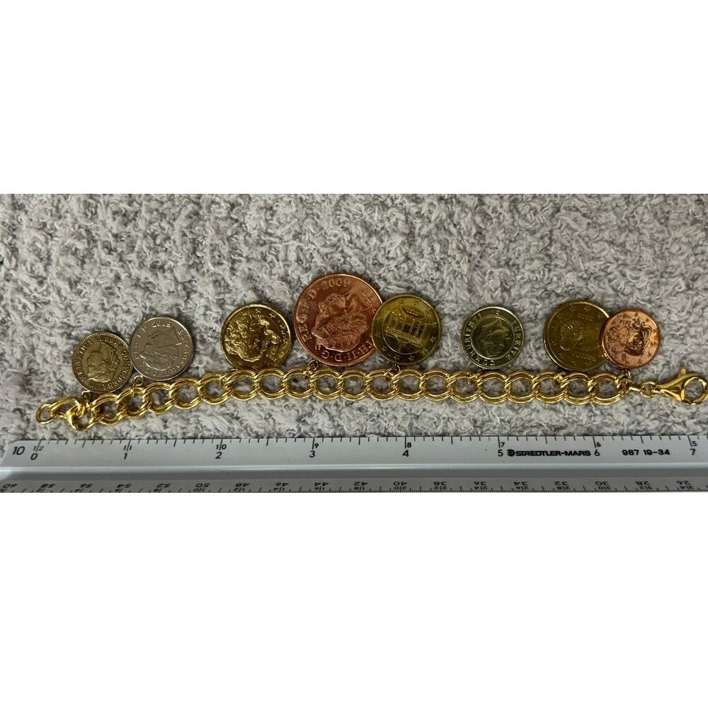 Sterling Silver Gold Vermeil European Coin Charm Bracelet 7" #67824 - Picture 6 of 7